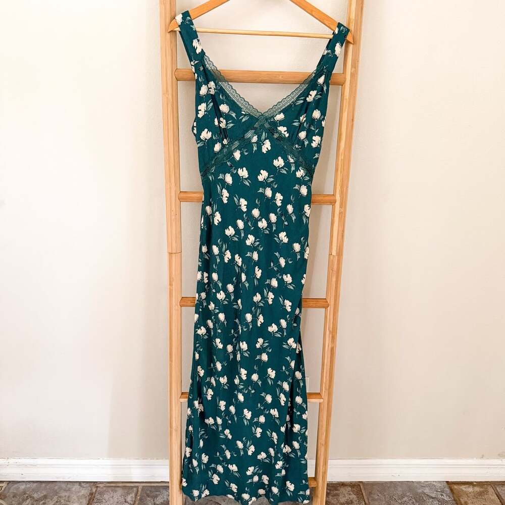 Sage The Label Floral Midi Dress Size L Green Lace Trim Boho Cottagecore